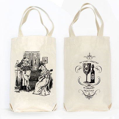 Frog and Mouse Anthropomorphic Organic Cotton Liquor and Wine Bottle Tote Bag